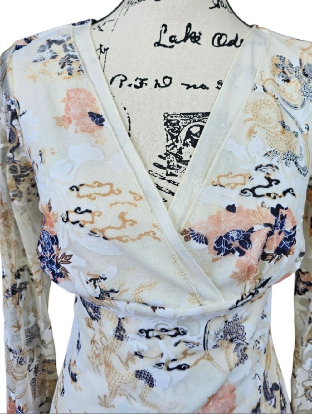 Wrapper Cream Floral Print Top with Peach Accents - Picture 3 of 6